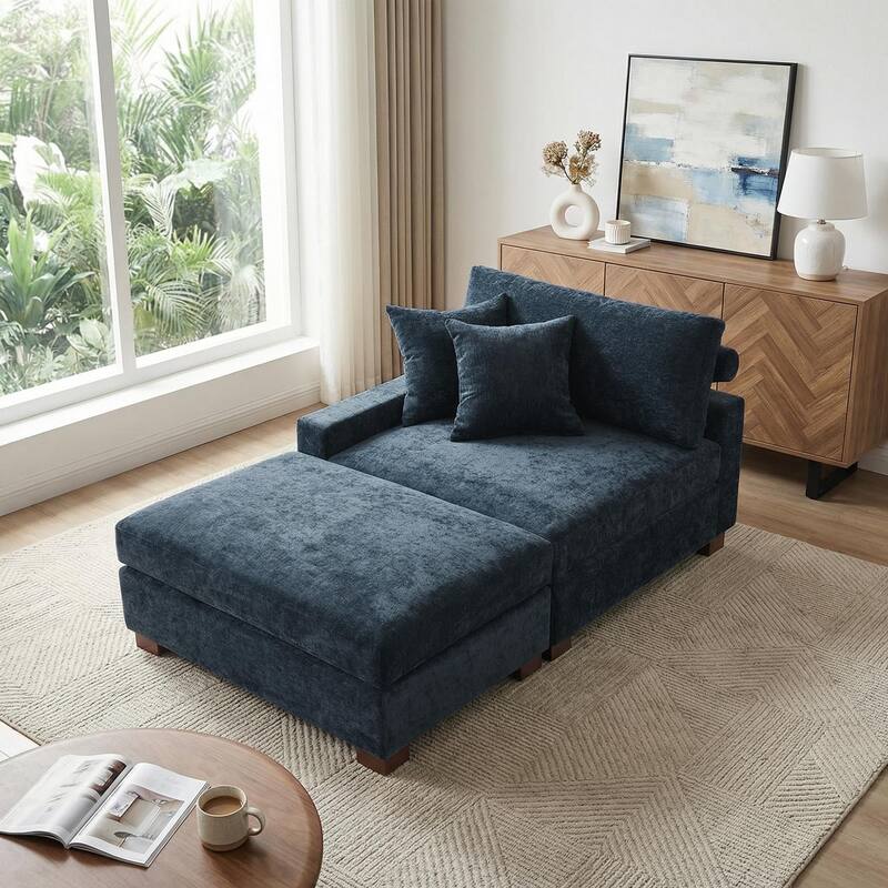 Modern Chenille Chaise Lounge Set with Ottoman