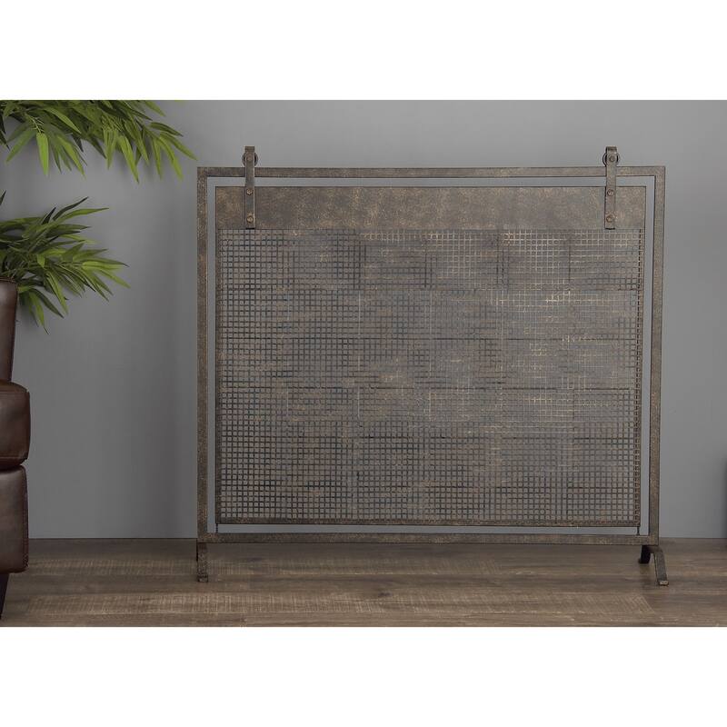 Black Metal Suspended Grid Single Panel Geometric Fireplace Screen with Bolted Detailing