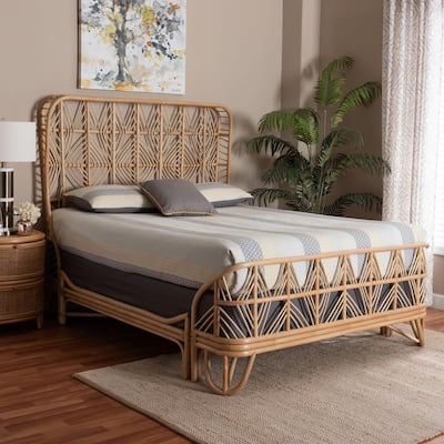 Hadley Natural Rattan Bed Frame with Openwork Geometry Headboard and Footboard, Tropical Coastal Boho Furniture, Queen
