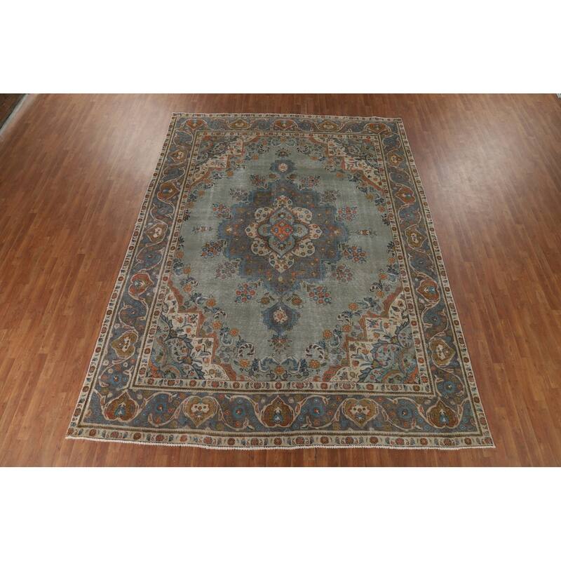 Green Tabriz Vintage Persian Area Rug Hand-Knotted Wool Carpet - 9'7" x 12'9"