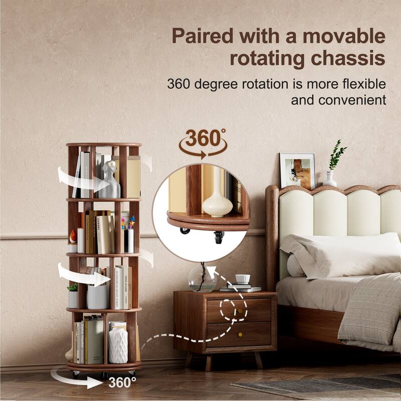 100%Solid Wood Rotating Bookshelf on Wheels, 4 Tier, Round Revolving Bookcase, 360°Spinning Book Shelf Tower