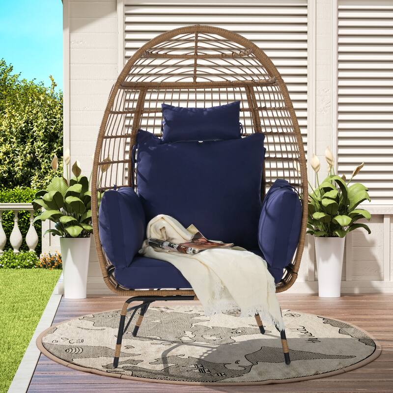 GDFStudio- Serena Oversized Wicker Egg Chair with Cushion and Pillow for Porch, Backyard, or Balcony