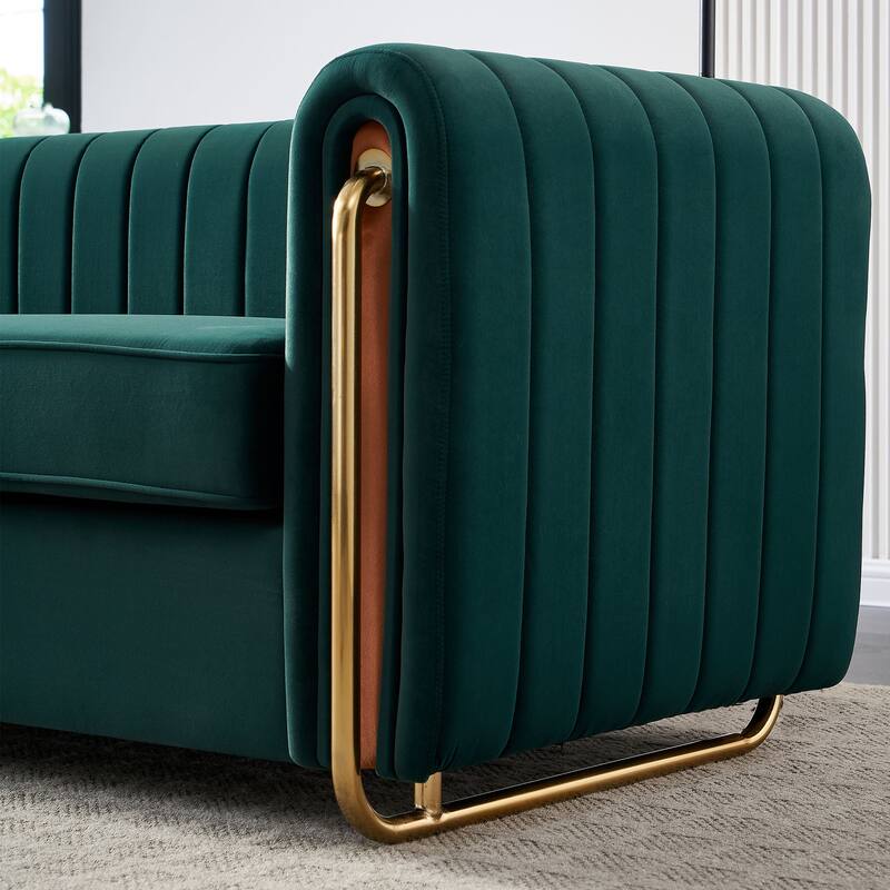 Luxurious Velvet Sofa with Deep Channel Tufting & Polished Gold Legs - 3 Seat Couch