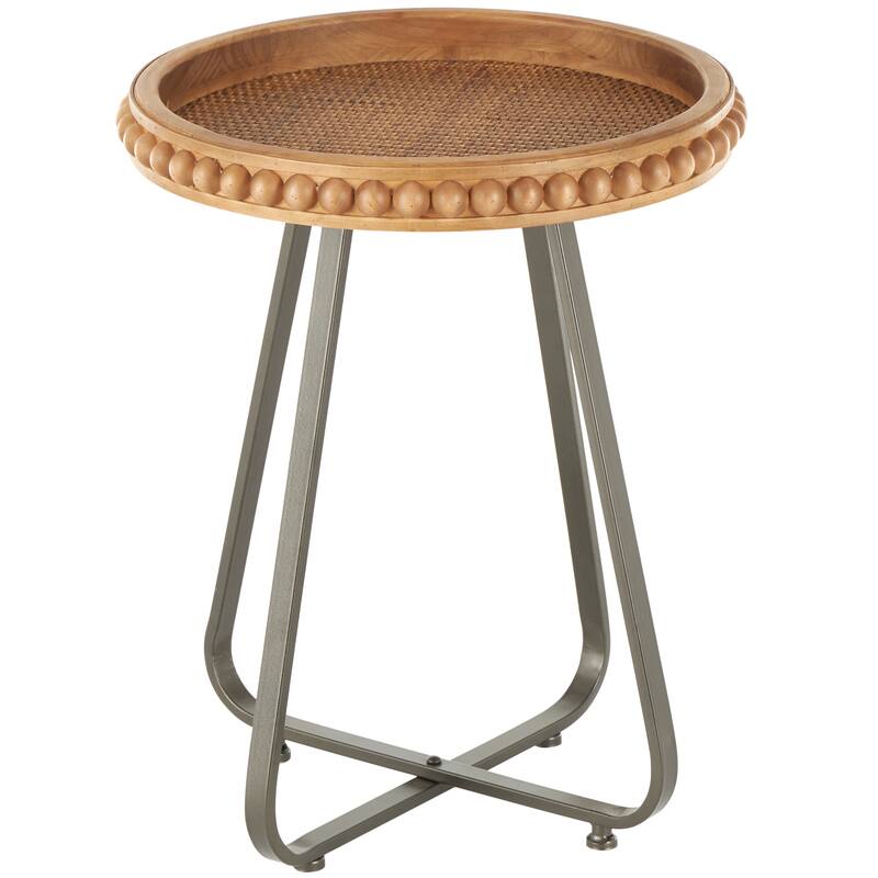 Brown Wood Beaded Side End Accent Table with Rounded Gray Metal Base and Rattan Accent