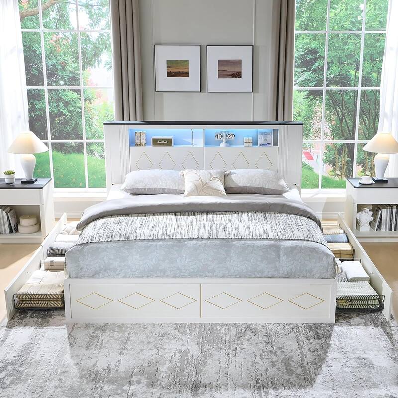 Modern Queen Size Wood Bed Frame with Charging Station and LED Lights