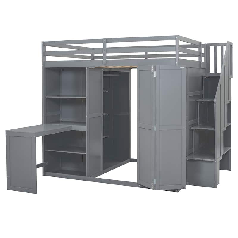 Full Size Bunk Bed with Wardrobe, Desk and Shelves for Kids, Boys and Girls, Bedroom