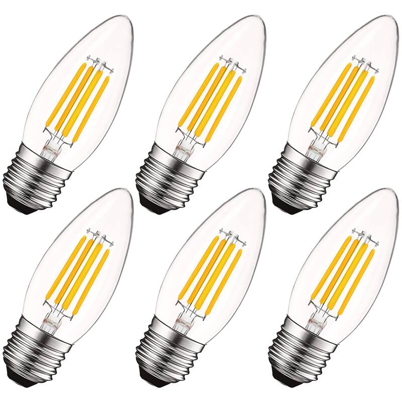 Luxrite 5W Vintage E26 Candelabra LED Bulbs Dimmable, 550 Lumens, 60W Equivalent, Torpedo Tip Clear Glass (6 Pack) - 2700K (Warm White)