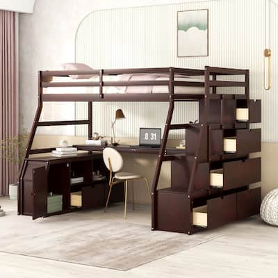 Espresso Twin Size Loft Bed with Desk and Cabinet, Storage Staircase, 7 Drawers and 2 Shelves