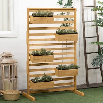 Outsunny Outdoor Plant Stand with 5 Hanging Flower Boxes and Slatted Trellis for Climbing Plants, Freestanding Wooden Lattice