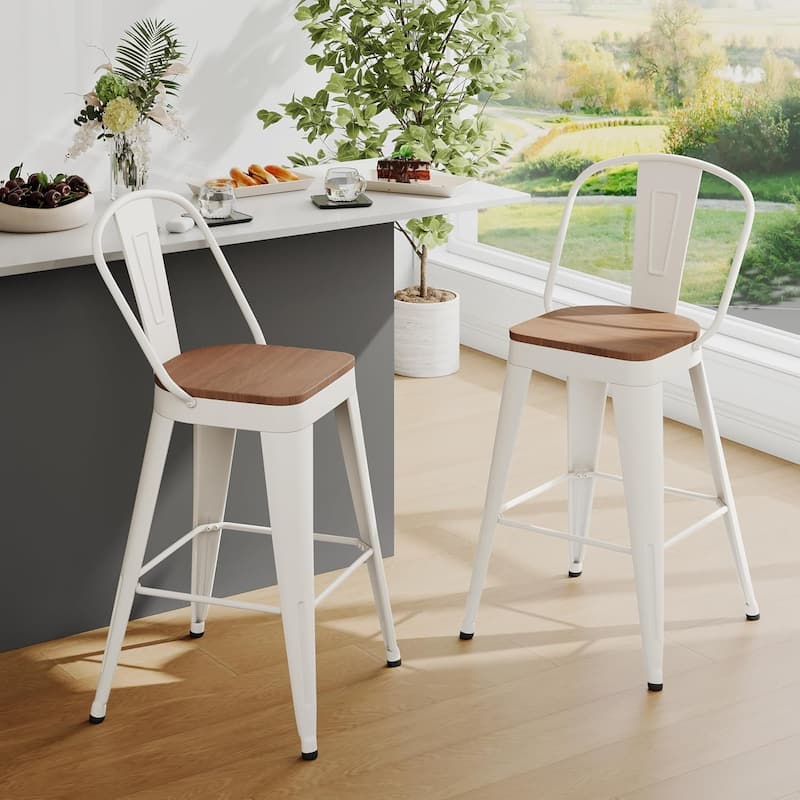 Counter & Bar Stools with Metal Frame Kitchen Stools with High Back Kitchen Bar Furniture Stools with Wooden Seat - Off-White - Counter Height - Set of 2