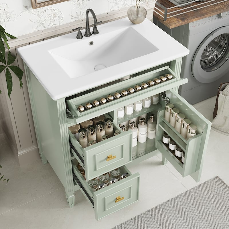 30" Bathroom Vanity with Sink, Bathroom Vanity Cabinet with One Flip Drawer and Two Drawers, Adjustable Shelf - Green