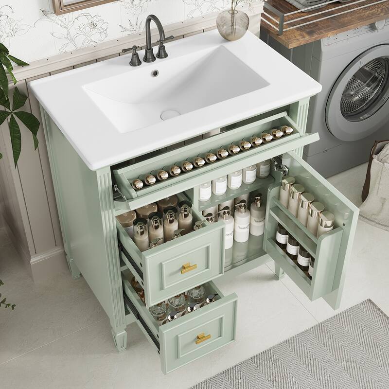 Roomfitters 30" Bathroom Vanity with Ceramic Sink, Solid Wood Frame with Flip Drawer, 2 Side Drawers & Adjustable Shelf