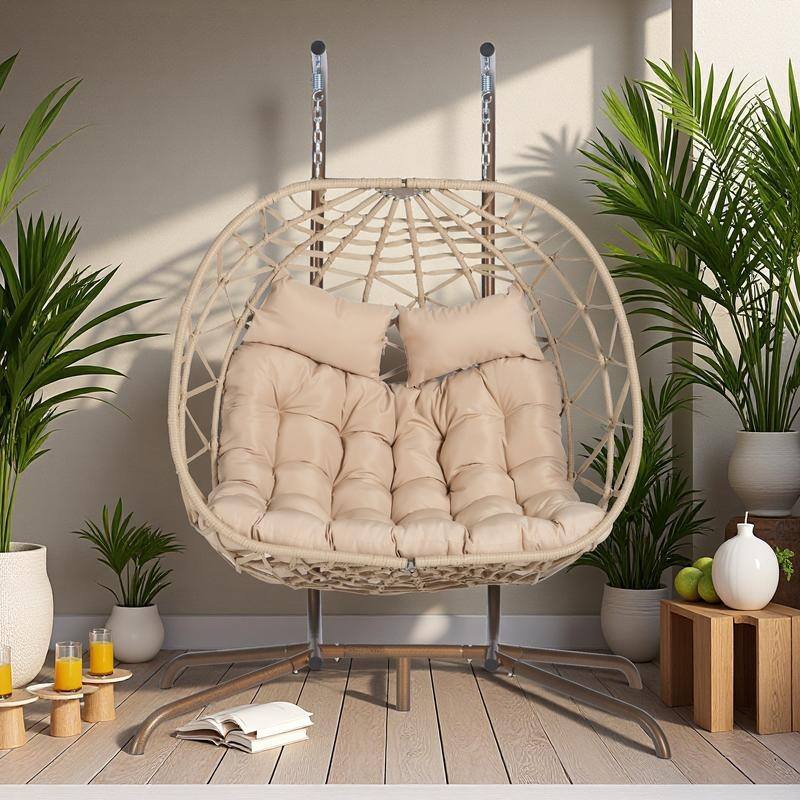 Double Rattan Egg Chair with Stand and UV-Resistant Cushions and Iron Frame - Outdoor Hanging Swing (600lb Capacity) - khaki