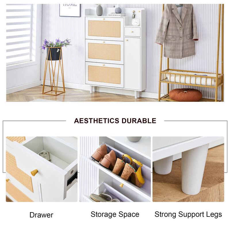 Minimalist MDF Shoe Cabinet with Japanese Rattan Design for Hallways or Living Room Storage Solutions