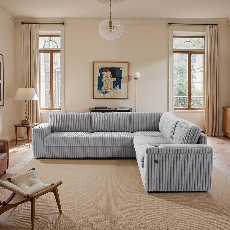 109.5" L-Shaped Sectional Sofa, Modular Corduroy Couches for Living Room, 5 Piece, Light Gray