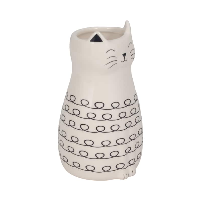 Sagebrook Home Ceramic Figurine - 7-Inch Squiggly Kitty with Unique Vase Opening, White and Black - 4" x 4" x 7"