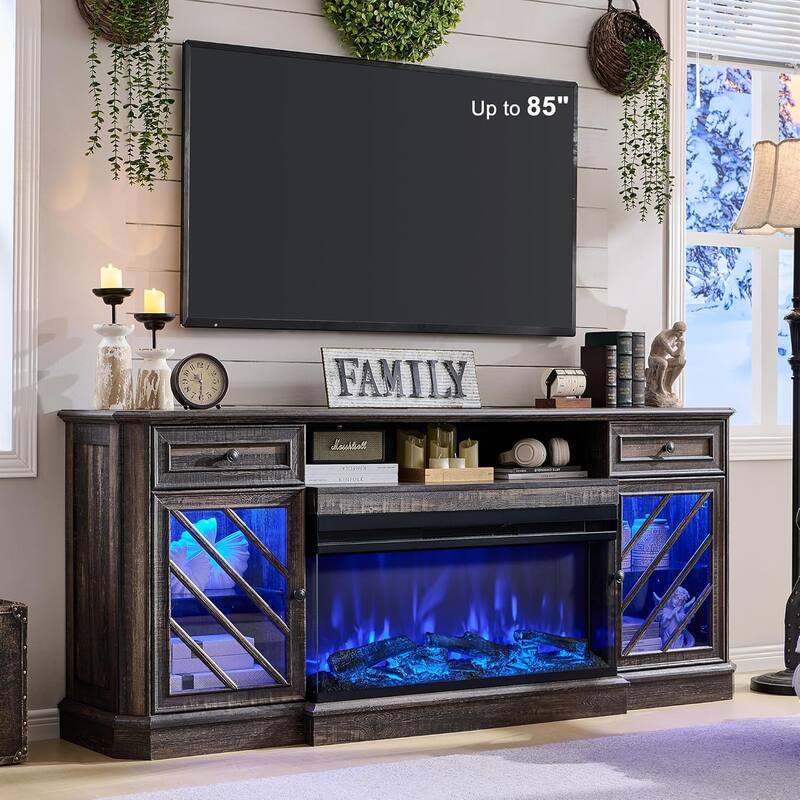 Farmhouse TV Stand with 3-Sided Fireplace, Entertainment Center - Dark Rustic Oak