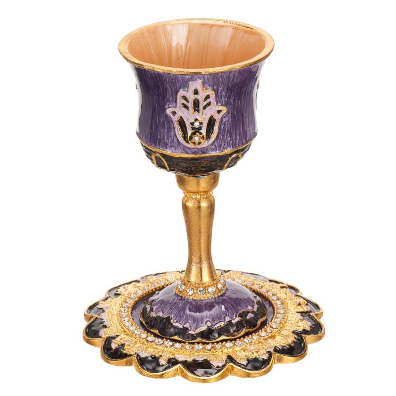 Tall 5" Kiddush CupSet w/Stem-Tray Embellished w/Crys.& HamsaDesign