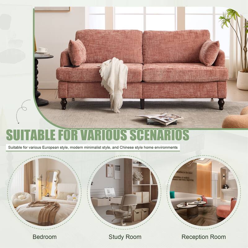 Modern Style Chenille 2-Seater Wood-Legged Sofa With Led Light, Usb Charging Port And Storage Bag Living Room Bedroom Study Room