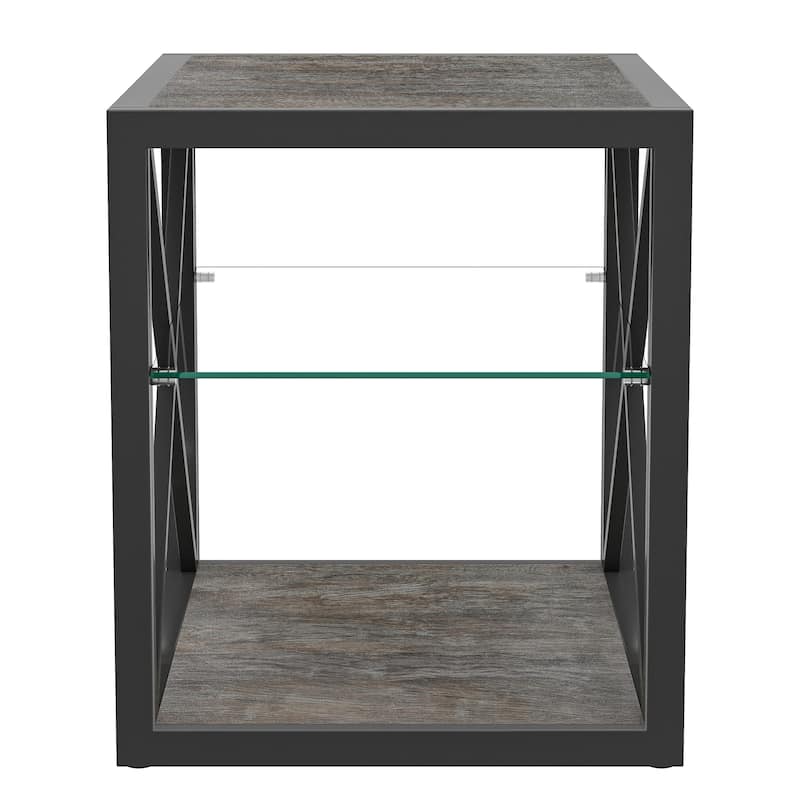 1 piece Modern End Table Nightstand, Tempered Glass&Natural Wood MDF Top ,Industrial Style Side Table