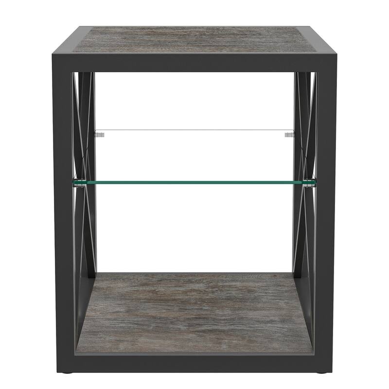Set Of 2 Modern End Table Nightstand, Tempered Glass&Rustic Wood Grain Mdf,Industrial Style Side Table