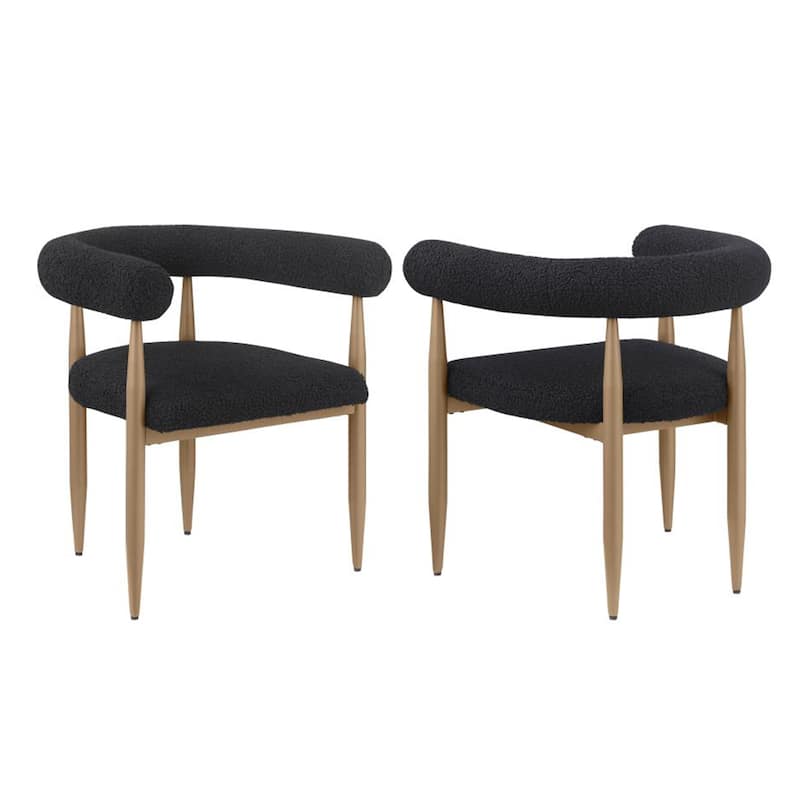 Set of 2 Boucle Upholstered Dining Arm Chairs in Black - Dining Height - Black/Bronze - Set of 2