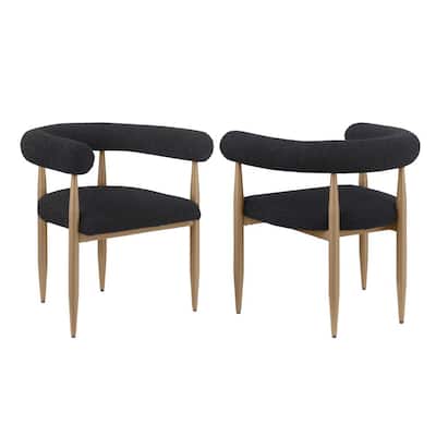 Set of 2 Boucle Upholstered Dining Arm Chairs in Black