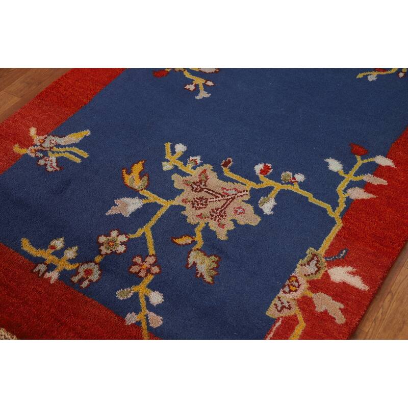 Blue & Red Floral Art Deco Oriental Rug Handmade Wool Carpet - 3'11" x 5'11"