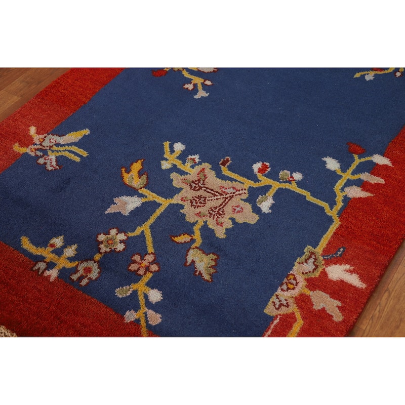 Hand Knotted Oriental 100% Wool Carpet Traditional Floral Navy Blue & Blues Art Deco Area Rug - 5' 11'' X 3' 11''