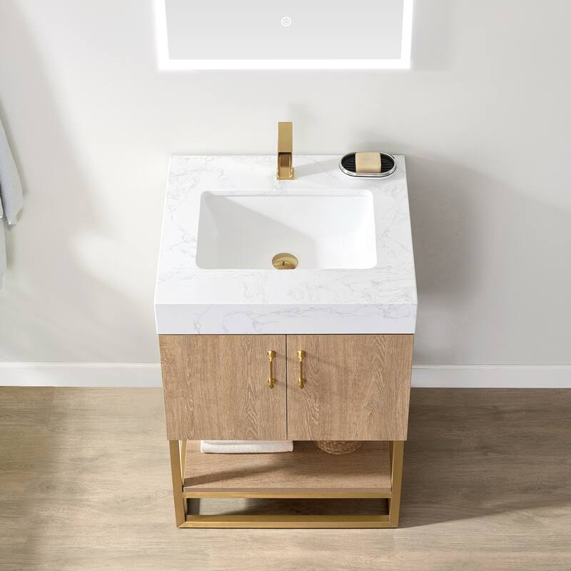 Alistair Single Bath Vanity with White Grain Stone Top & Mirror