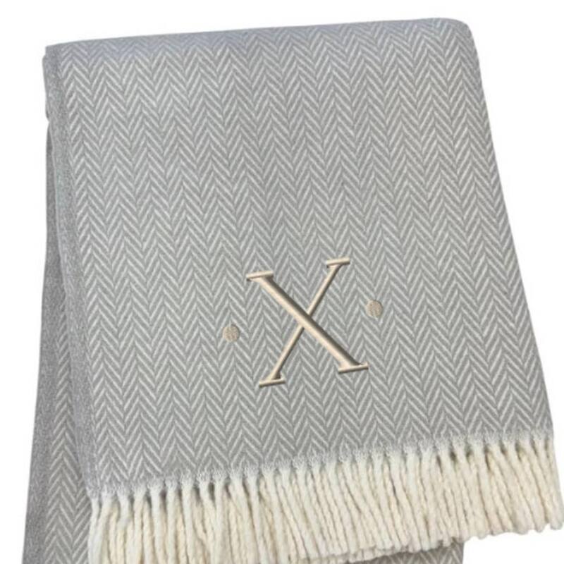 55" X 70" Gray And White Herringbone Cotton Blend A Initial Throw Blanket with Tassels And Embroidery