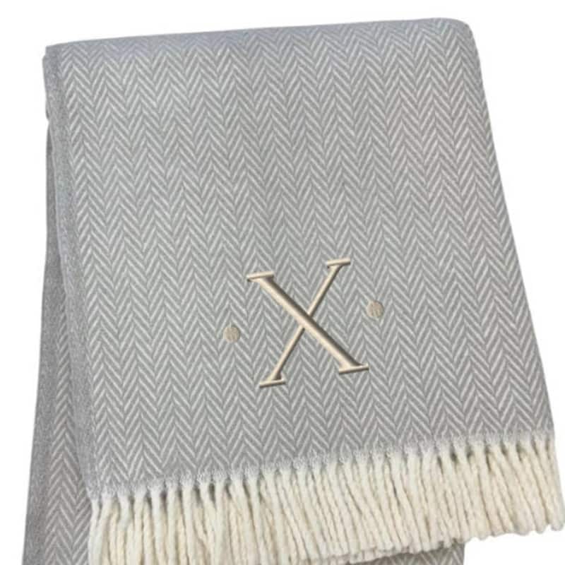 HomeRoots 55" X 70" Gray And White Herringbone Cotton Blend X Initial Throw Blanket with Tassels And Embroidery