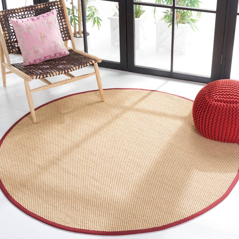 SAFAVIEH Natural Fiber Venus Casual Border Sisal Rug - 4' Round - Maize/Burgundy