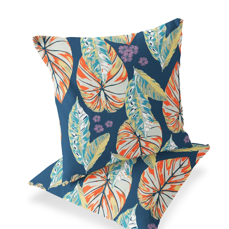 HomeRoots Set of Two 16" X 16" Blue and Orange Blown Seam Botanical Indoor Outdoor Throw Pillow - 16.00' X '16.00' X '5.00