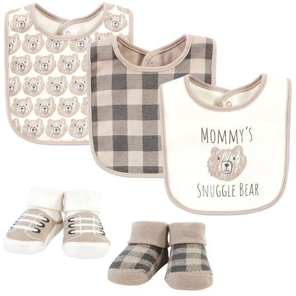 slide 1 of 1, Hudson Baby Cotton Bib and Sock Set, Snuggle Bear, One Size - Snuggle Bear - One Size