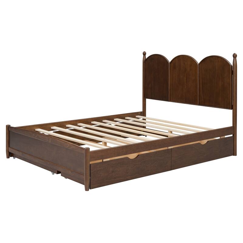 Queen Size Platform Bed with Curved Headboard, 2 Large Side Drawers & Twin XL Pull-Out Trundle Bed