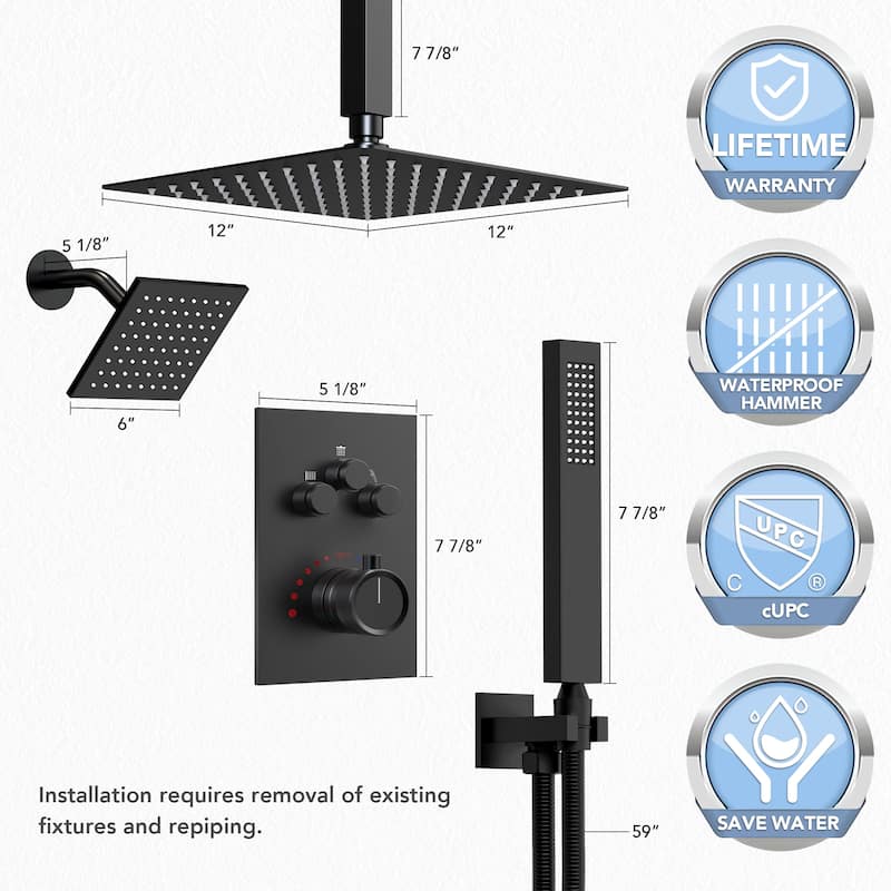 Dual Heads 12" Rainfall Shower head & High Pressure 6" Shower System w/ 3 Way Thermostatic Faucet