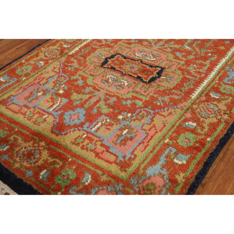 Hand Knotted Oriental 100% Wool Carpet Traditional Geometric Oranges & Rust Heriz (serapi) Runner Rug - 11' 10'' X 2' 6''