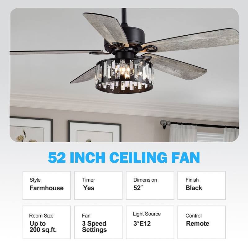 52" Black Ceiling Fan with Lights Remote Control, Farmhouse Chandelier - 52 Inch