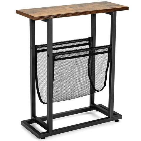 Gymax Industrial End Side Table Mesh Magazine Holder Nightstand Rustic - Black+Brown - 19'' x 7'' x 21.5''