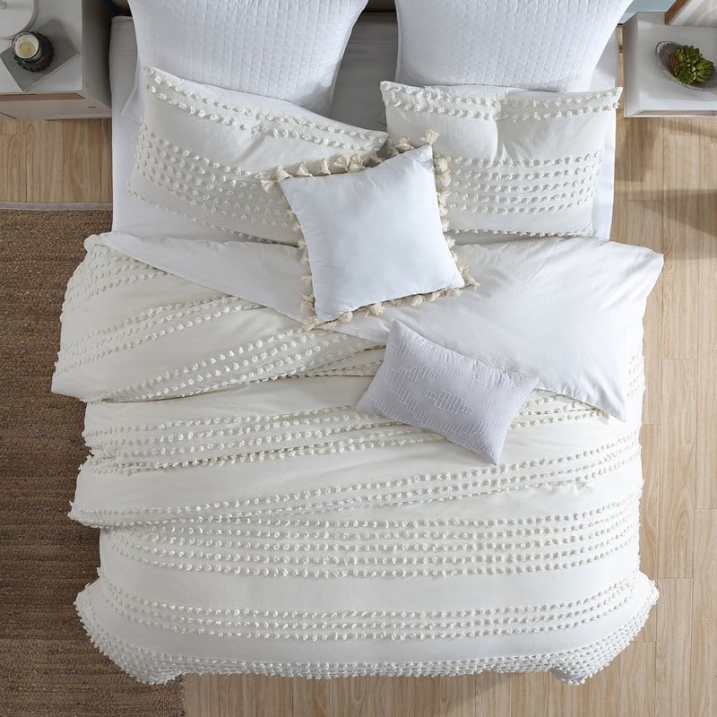 Marilla 100% Cotton Clipped Dots Stripes Jacquard 5-Piece Bedding Comforter Set - Ivory - King
