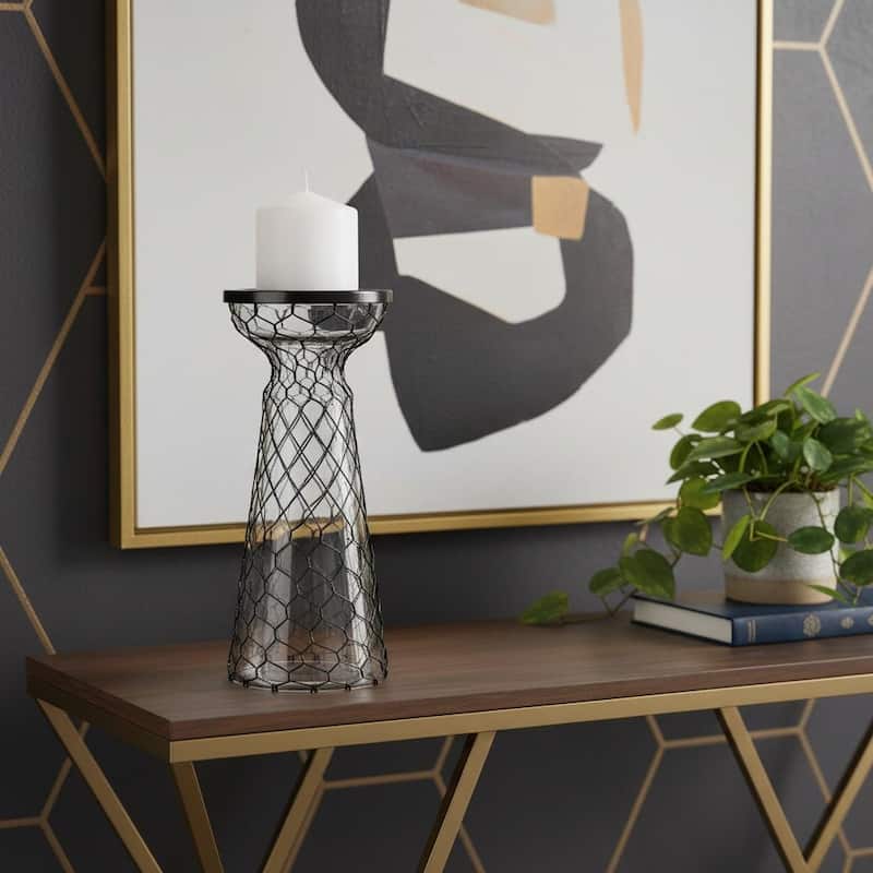 11" Black Distressed Lattice Metal And Glass Tabletop Pillar Candle Holder - Black