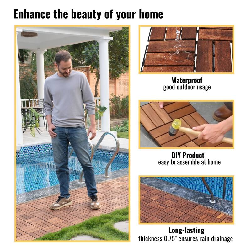 30 PCS Interlocking Deck Tiles Checker Pattern, 12" x 12" Square Acacia Hardwood Outdoor Flooring for Patio,Bancony,Pool Side