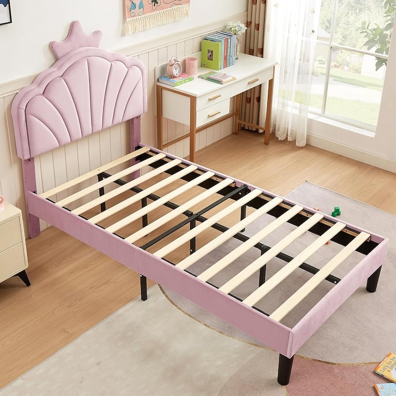 Javlergo Twin Size Platform Bed Frame with Crown Headboard Adjustable Height Upholstered Princess Bed for Kids