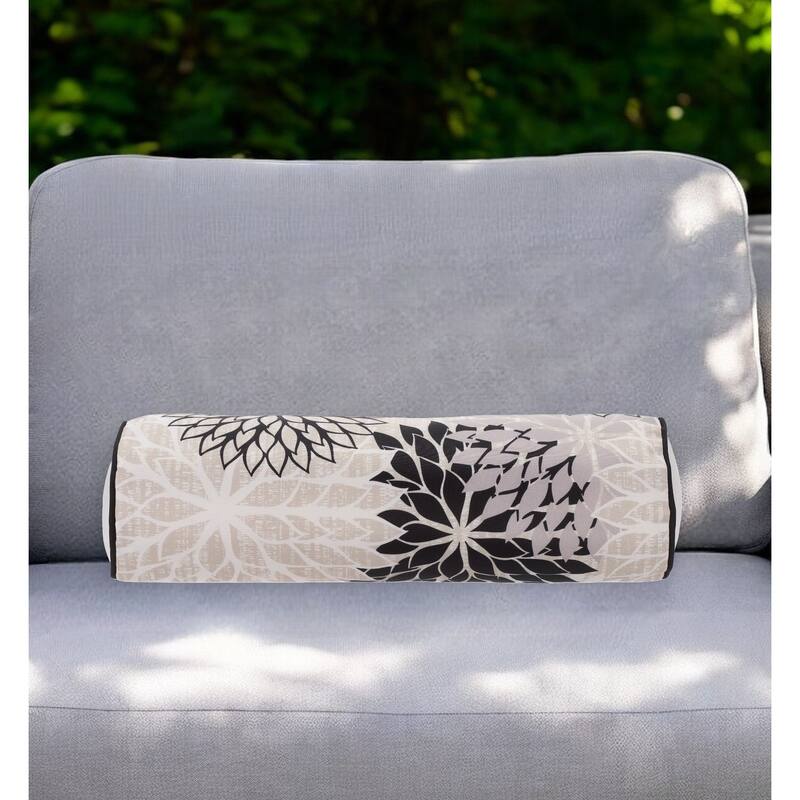 6" X 20" Black Gray and White Bolster Floral Indoor Outdoor Throw Pillow - 6" x 20" - 6" x 20" - Black Gray and White