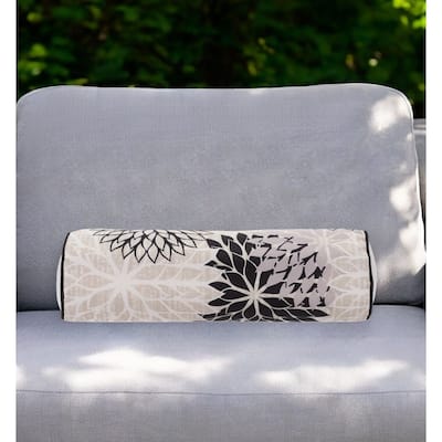 6" X 20" Black Gray and White Bolster Floral Indoor Outdoor Throw Pillow - 6" x 20"