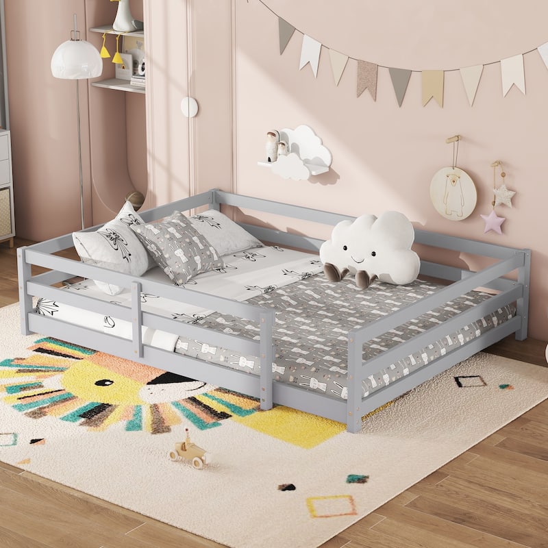Full Size Floor Bed, Montessori Floor Bed with Fence, Kids Montessori Bed Full Size, Wood Montessori Floor Bed - Grey