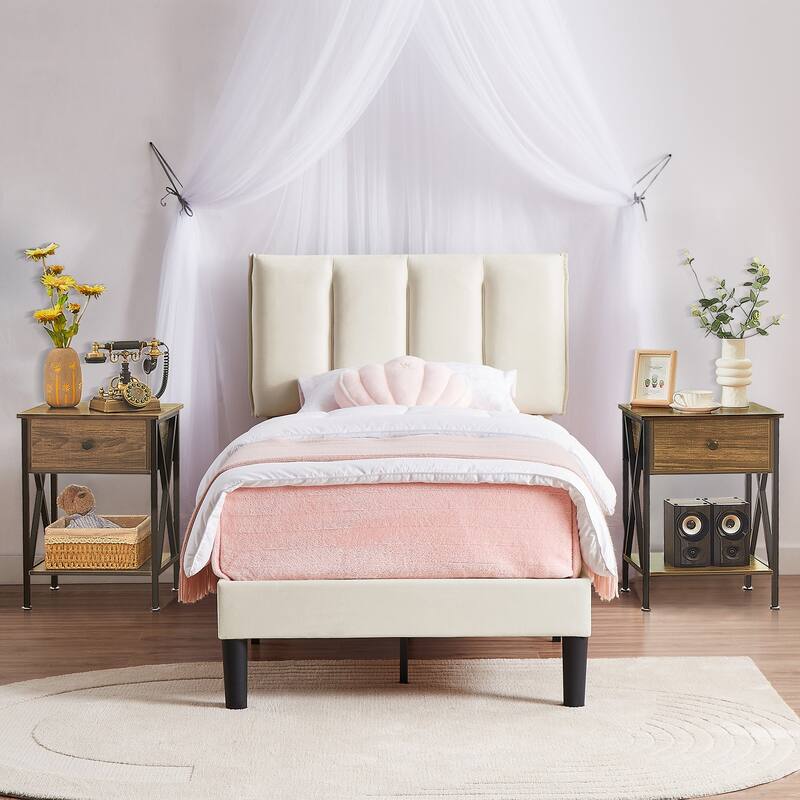 VECELO 3-Pieces Tufted Upholstered Beige Platform Bed Frame with Adjustable Height Headboard and Nightstands Set of 2 - Brown - Twin
