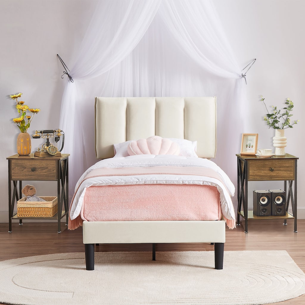 VECELO 3-Pieces Tufted Upholstered Beige Platform Bed Frame with Adjustable Height Headboard and Nightstands Set of 2