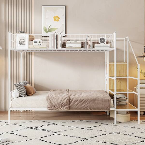 slide 2 of 10, White Twin over Full Metal Bunk Bed with Wire Shelving and Storage Ladder White
